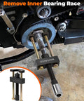 Harley Big Twin Transmission Mainshaft Inner Bearing Race Tool Puller And Installer Kit For 1984 To Present 5 And 6 Speed Transmissions Replaces 34902 84 No Brainer Quick And Smooth Bearing Race Removal And Installation being used on motorcycle