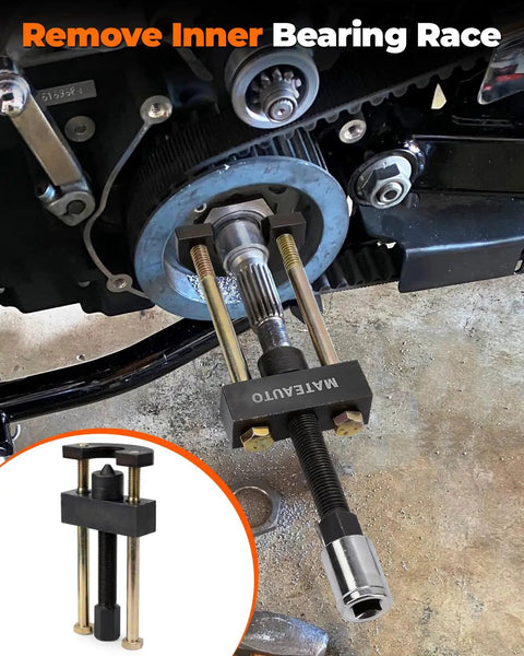 Harley Big Twin Transmission Mainshaft Inner Bearing Race Tool Puller And Installer Kit For 1984 To Present 5 And 6 Speed Transmissions Replaces 34902 84 No Brainer Quick And Smooth Bearing Race Removal And Installation being used on motorcycle