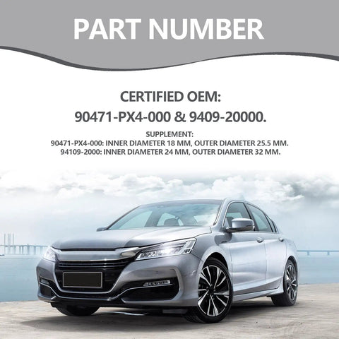 Six Piece Transmission Fluid And Six Piece Rear Differential Oil Drain Plug Washer Gasket Seal Kit With 20mm And 18mm Replacements For Honda Acura Civic Accord Odyssey CRV Pilot Fit, certified OEM part numbers 90471-PX4-000 and 9409-20000 shown with car image.