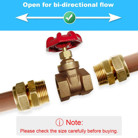2-inch brass gate valve with red handwheel between copper pipes and threaded fittings
