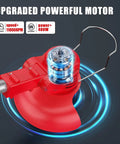 Cordless Weed Eater With Dual 2.0Ah Batteries, 11,000 RPM Power Trimmer, showing upgraded motor detail, red housing.