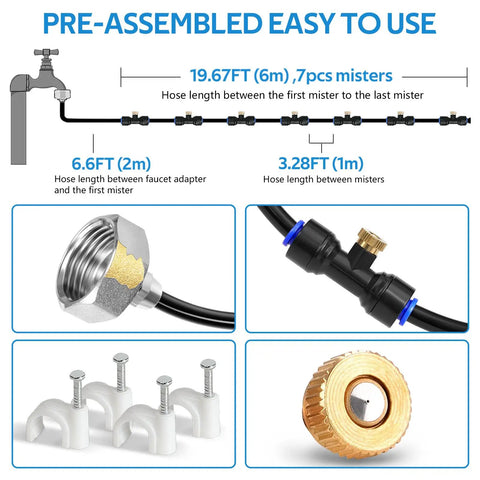Outdoor Misting System For Patio And Garden, 26Ft tubing, 7 brass nozzles, 3/4 inch adapter, setup diagram and components