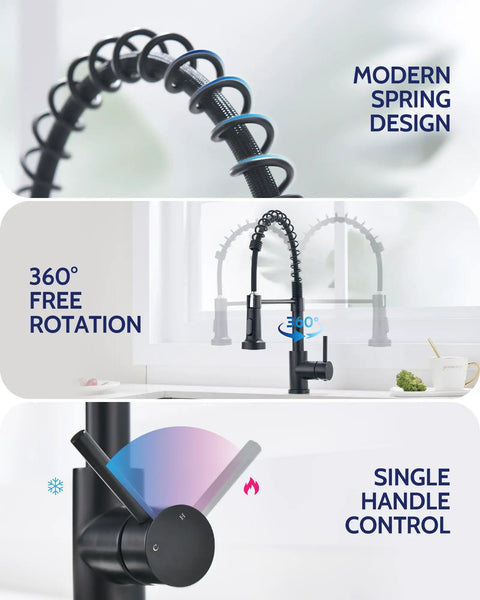 Kitchen Faucet With Pull Down Sprayer And Soap Dispenser, High Arc 304 Stainless Steel showing modern spring design and rotation.