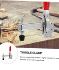 Heavy Duty Welding Toggle Clamps for Woodworking 2 Pack with rubber tips on a wooden workbench