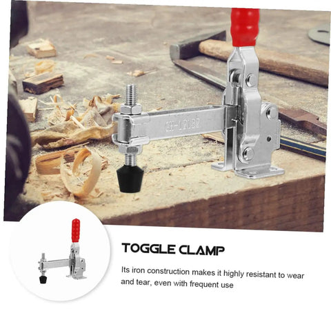 Heavy Duty Welding Toggle Clamps for Woodworking 2 Pack with rubber tips on a wooden workbench