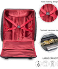 Open view of 18-inch leather softside underseat carry-on luggage with expandable design, showing fixed clothing straps and zipper.