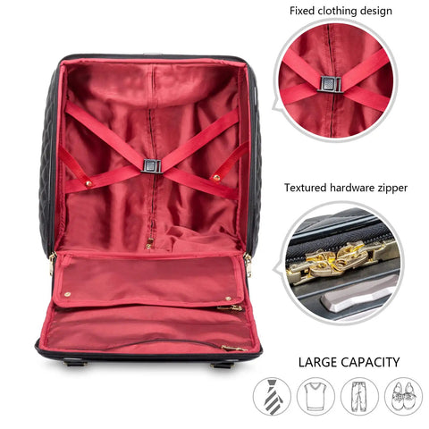 Open view of 18-inch leather softside underseat carry-on luggage with expandable design, showing fixed clothing straps and zipper.