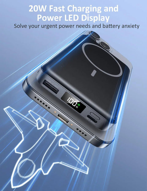 Magnetic Portable Charger 10000mAh Power Bank With 20W Fast Charge And Built In Cable displaying LED power percentage.