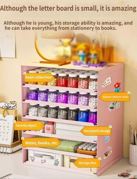 Desktop File Organizer With Drawers 3 Tier Letter Sorter And Craft Bead Container Office Supply Holder For Documents Mail And Stationery In Pink with colorful bead jars and stationery.
