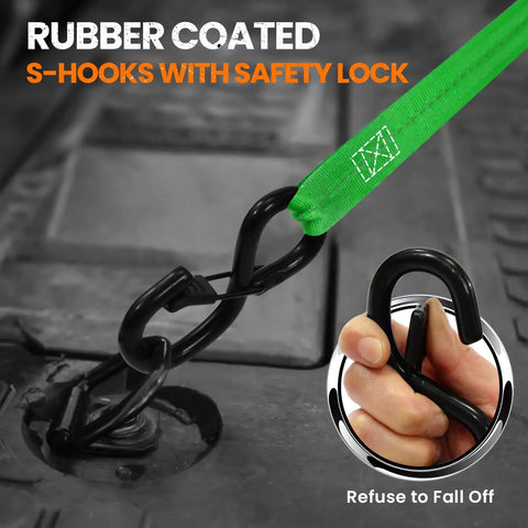 Super Sweet Retractable Ratchet Straps 1 Inch By 12 Feet 4pk showing rubber coated S hooks with safety lock for secure hauling.