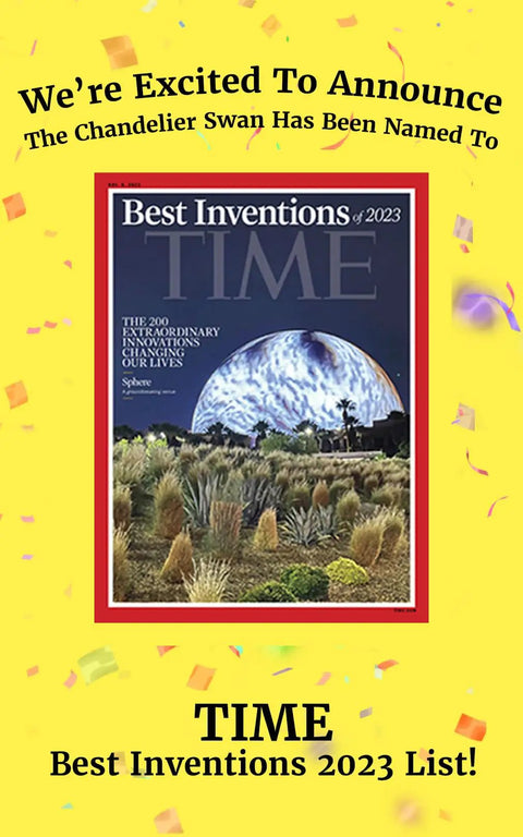 TIME Best Inventions 2023 cover featuring Chandelier Swan, surrounded by celebratory confetti and announcement text