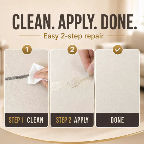 Professional Grade Easy Apply Leather And Vinyl Repair Kit For Fixing Scuffed Couches Furniture And Worn Car Seats With Dead On Color Match And No Sweat Finish clean and apply steps demonstrated on leather surface.