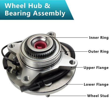 Front Wheel Bearing Hub Assembly Pair 515142 For Ford F-150 Expedition Lincoln Navigator 2011-2014 4WD Front Left And Right Complete Replacement Two Piece Kit showing inner and outer ring, upper and lower flange, and wheel stud in detail.