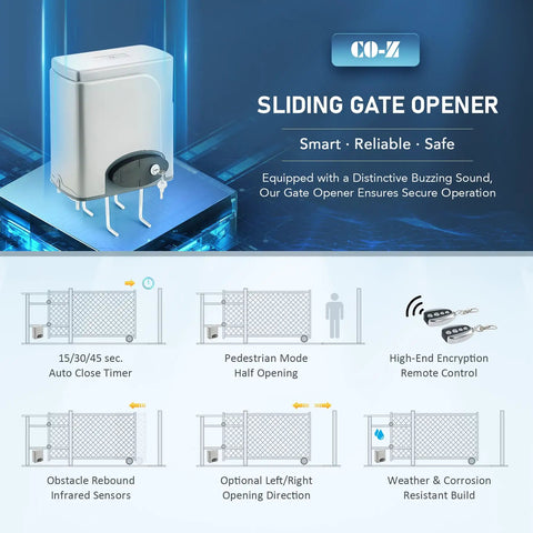 Heavy Duty Sliding Gate Opener System For Driveways Up To 40 Feet 1400 Lb Capacity 280W Motor Alarm Remote Controls Auto Close Presets