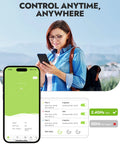 Woman using WiFi Water Timer For Garden Hose, Smart Hose Timer With App And Voice Control, showing schedule on smartphone screen