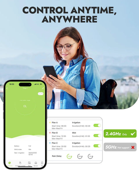 Woman using WiFi Water Timer For Garden Hose, Smart Hose Timer With App And Voice Control, showing schedule on smartphone screen