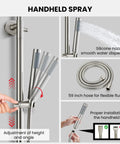 Rugged Outdoor Shower Kit With Dual Function 8 Inch Rain Showerhead And Handheld Spray Wall Mount Single Handle SUS304 Stainless Steel Brushed Nickel Finish High Pressure Setup For Garden Patio And Camping showing handheld spray details and installation