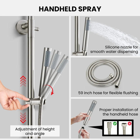 Rugged Outdoor Shower Kit With Dual Function 8 Inch Rain Showerhead And Handheld Spray Wall Mount Single Handle SUS304 Stainless Steel Brushed Nickel Finish High Pressure Setup For Garden Patio And Camping showing handheld spray details and installation
