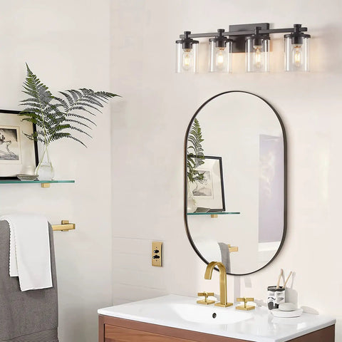 Bathroom with 4 Light Black Vanity Light Fixtures For Modern Bathrooms Over The Mirror With Clear Glass Shades And Durable Metal Base