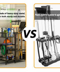 Image comparing heavy duty garden tool organizer rack with slick storage hooks and multi shelf design for garage yard shed or workshop.