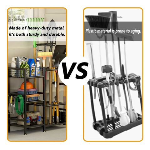 Image comparing heavy duty garden tool organizer rack with slick storage hooks and multi shelf design for garage yard shed or workshop.
