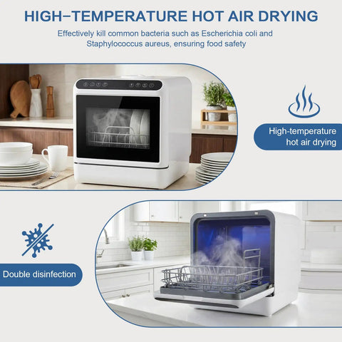 Compact Countertop Dishwasher With Swiveling Dual Spray Arms Totally Plug And Play Auto Dry System shows hot air drying feature.