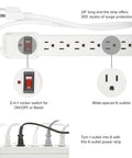 Six Outlet Power Strip Surge Protector With 300 Joules Red On Off Switch Four Pack Heavy Duty 24 Inch Cord Power All Your Gadgets At Once Ideal For Home Appliances White showing 6 outlets and red switch.