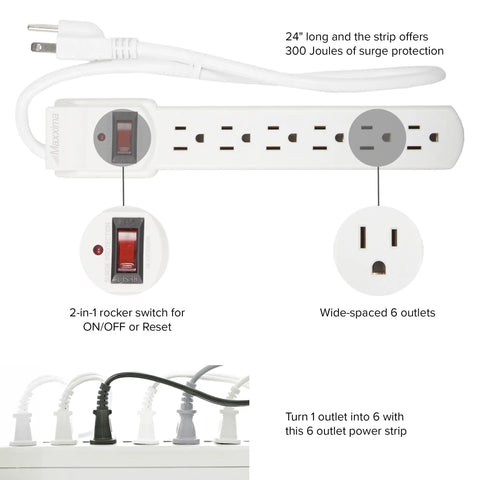 Six Outlet Power Strip Surge Protector With 300 Joules Red On Off Switch Four Pack Heavy Duty 24 Inch Cord Power All Your Gadgets At Once Ideal For Home Appliances White showing 6 outlets and red switch.