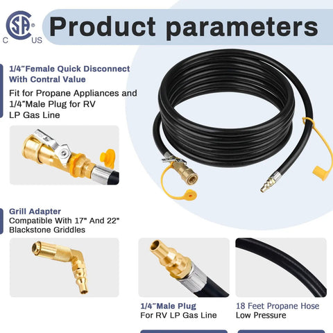 Upgraded 18 Foot RV Quick Connect Propane Hose With Elbow Adapter For RV To Grill Low Pressure Direct Connect And 17 Inch Or 22 Inch Blackstone Griddles Or Grills