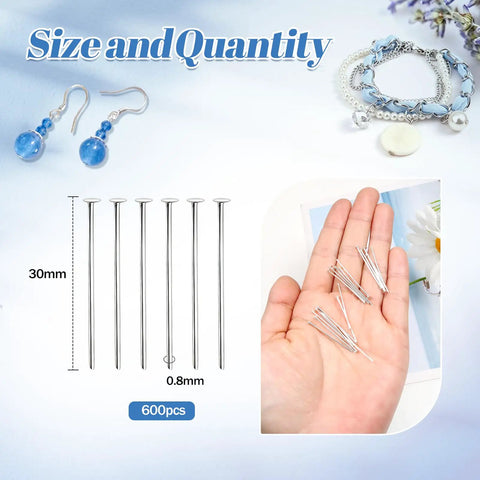 600 Pcs 1.18 Inch 21 Gauge Silver Alloy Flat Head Pins for DIY Jewelry Making Grab-and-Go Necklace Bracelets Earrings Craft Findings Perfect for Beadwork Wire Wrapping and Accessory Projects. 30mm silver alloy pins, 0.8mm, shown with jewelry uses
