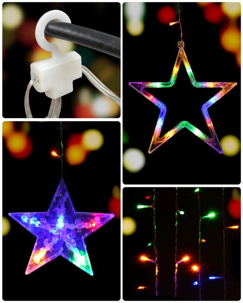 Close-up view of 12 Star Multicolor Curtain Lights With 138 LEDs Eight Point Two Ft Connectable Window String Lights Remote Control Plug In 8 Modes No Fuss Setup Brightness And Timer Perfect Indoor Outdoor Holiday Decor For Christmas Ramadan Bedroom