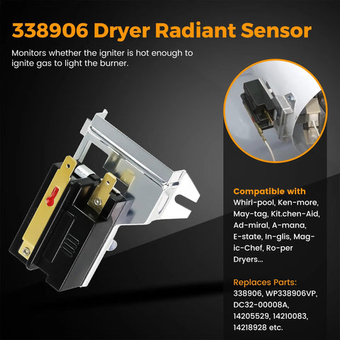 338906 dryer radiant sensor for gas dryer repair kit with igniter, gas valve coil and flame sensor, parts 279311 279834 338906.