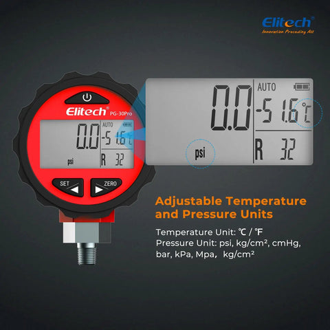 Pro Grade Two Way AC Manifold Gauge With Digital Pressure Readout for R134A R12 R22 R410A Refrigerants, adjustable units display