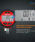 PG-30Pro Digital High Pressure Gauge For HVAC And Refrigeration, 87 Refrigerants, 14.5 To 800 PSI, 1 8 NPT, Temperature-Compensated Sensor, Blue Backlit LCD Display For Precise Readings., red digital gauge with 1/8 NPT fitting and LCD display