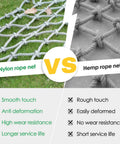 Comparison of nylon rope net and hemp rope net with check and cross marks indicating features like smooth touch and wear resistance.