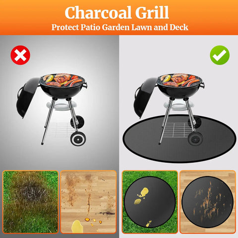 Comparison of outdoor grill on grass and deck, with 40 Inch Round Fire Pit Mat for Outdoor Grills and Bonfires shown on right