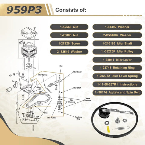 Washer Idler Pulley And Lever Belt Kit For Alliance And Speed Queen Washers Replacement Part 2020782 AP4489045 with diagram and parts