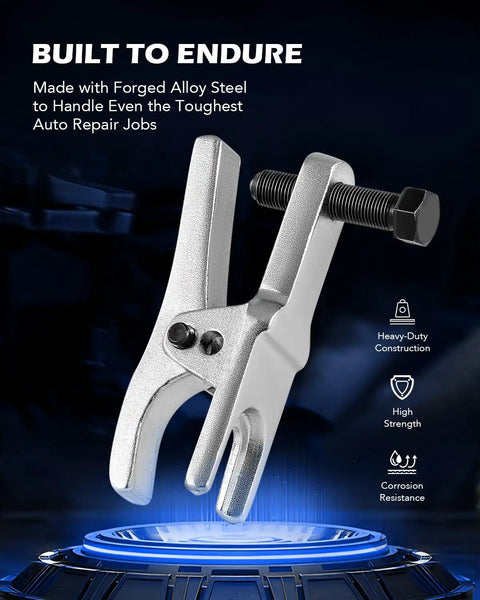 Close-up of silver tool from 5 In 1 Front End Service Tool Kit With Ball Joint Separator, heavy-duty alloy steel construction