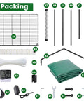 Components of Four Tier Indoor Mini Greenhouse With Grow Lights 32W Full Spectrum Plant Light With Timer, including shelves, rods, and tools.