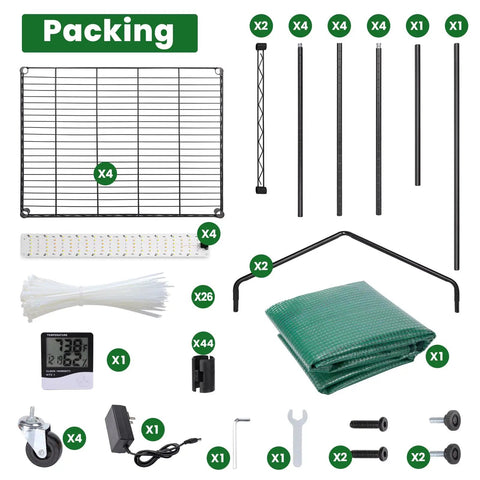 Components of Four Tier Indoor Mini Greenhouse With Grow Lights 32W Full Spectrum Plant Light With Timer, including shelves, rods, and tools.