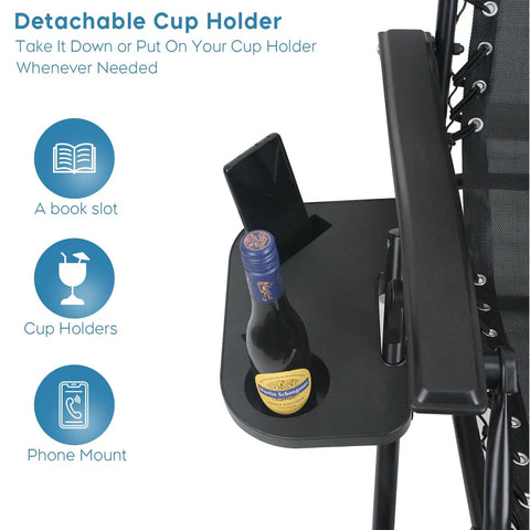 Close-up of cup holder on Zero Gravity Outdoor Lounge Chairs Set of 2 with removable pillows, featuring cup holder and phone slot.