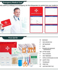 Survival kit with 262Pcs, red first aid pouch and crossbody bag; shows emergency medical card and kit contents.