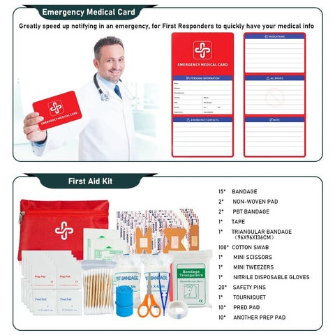 Survival kit with 262Pcs, red first aid pouch and crossbody bag; shows emergency medical card and kit contents.