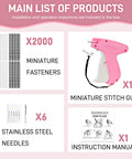 Easy Peasy Ergonomic Stitch Gun For Swift Clothing Patches And Soft Fabric Fix Ups With Two Thousand Micro Staples Plus Spare Tips In Cool Berry Pink Color with fasteners, needles, and manual.