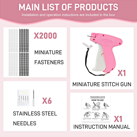 Easy Peasy Ergonomic Stitch Gun For Swift Clothing Patches And Soft Fabric Fix Ups With Two Thousand Micro Staples Plus Spare Tips In Cool Berry Pink Color with fasteners, needles, and manual.