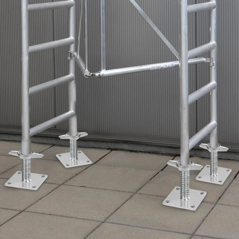 Four Pack Beefy Adjustable Leveling Jacks For Baker Style Scaffolding on solid carbon steel screw jacks, silver finish installed on tile
