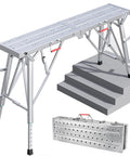 Heavy Duty Portable Scaffolding And Adjustable Work Platform With Rock Solid Stability And Zero Sweat Folding Setup For Ace Ceiling Jobs Car Cleans Or Home Repairs Up To Eight Hundred Pounds Max Load, portable scaffolding with adjustable height and folding design, reinforced aluminum material.