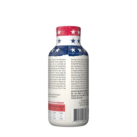 Heavy Hitting Ultrasonic Gun Cleaner 4X Ultra Concentrated Solution 4 oz bottle with red, white, and blue design.