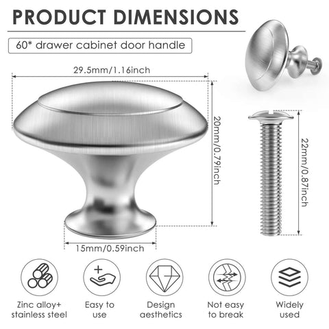 60 Pack Silver Cabinet Knobs Round Drawer Knobs and Pulls Heavy Duty Zinc Alloy Handles dimensions 29.5×20 mm with screw