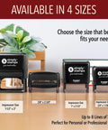 Kickass Custom Text Line Stamps With Self Inking Tech For Office And Home Personalized Rubber Stamp displayed in four sizes on a desk.